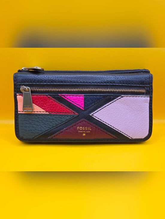 Fossil Handbags - Fossil Leather Clutch Wallet 1954 Patchwork 7x4"Black Pink Red 80s Look